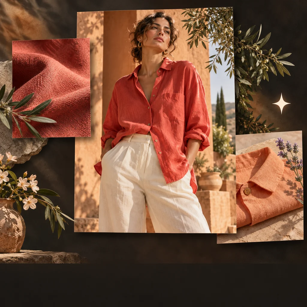 Spring campaign moodboard with coral linen fashion photography, fabric details and a subtle AI sparkle.