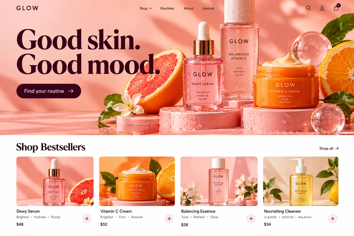 Colorful skincare storefront with coral and pink products, citrus photography, and editorial typography.