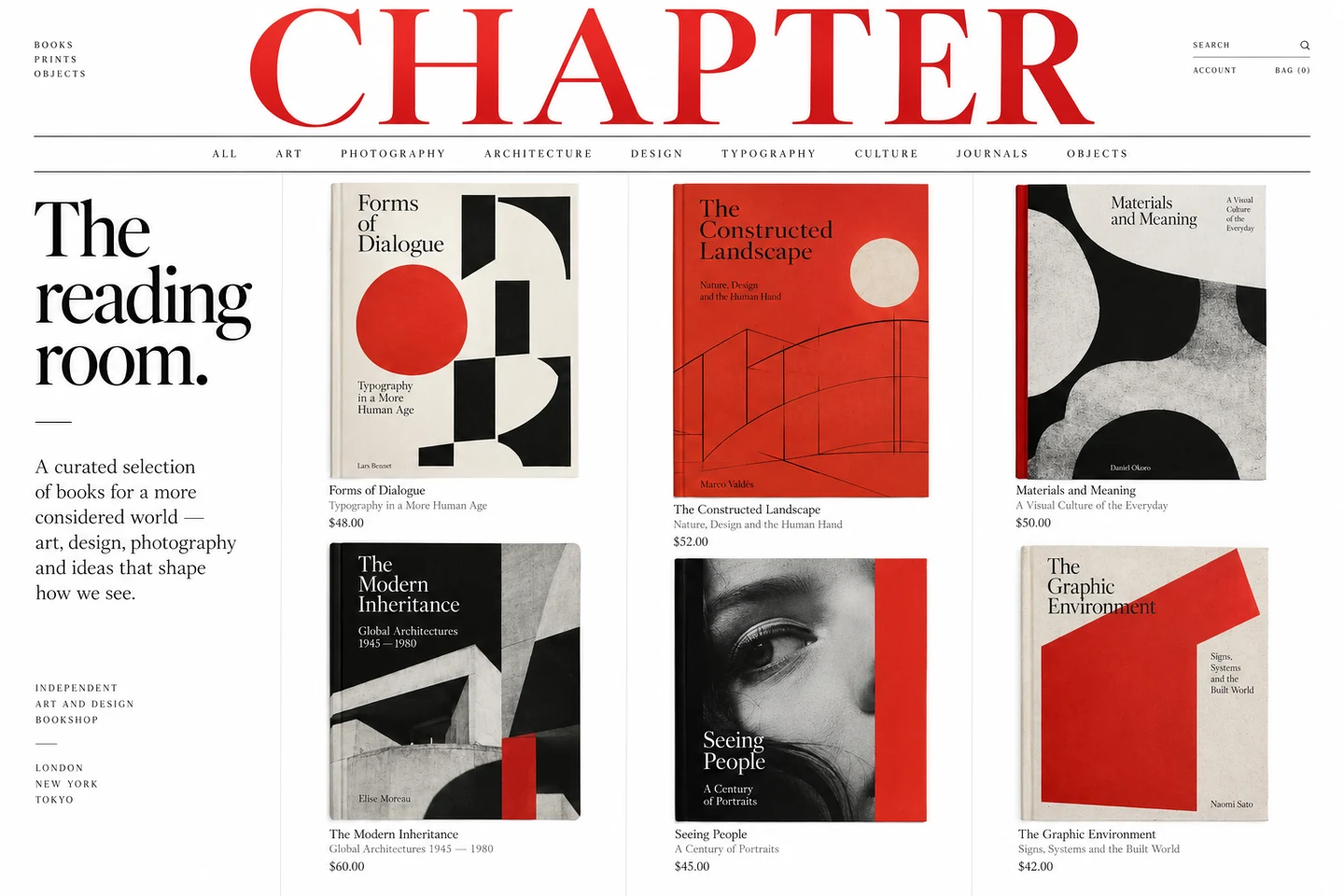 Editorial bookshop with an oversized red masthead, genre navigation, and a staggered grid of art books.