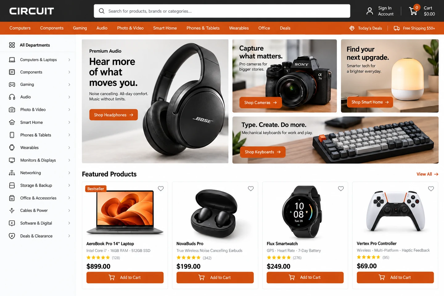 Charcoal and burnt-orange electronics catalog with a department sidebar, promotional mosaic, and dense product grid.