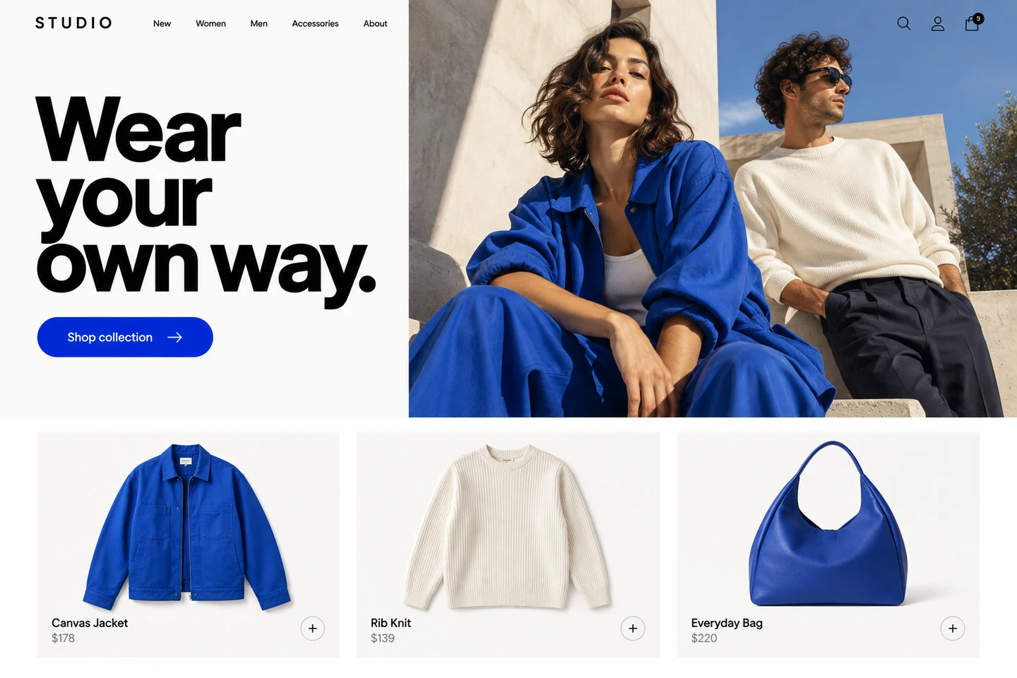 Modern fashion storefront with cobalt clothing, bold typography, and a product grid.