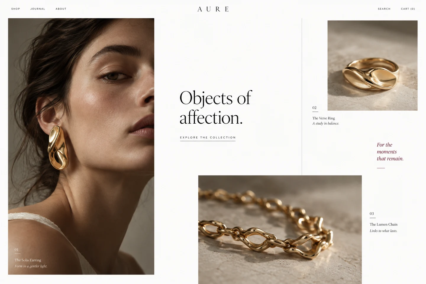 Asymmetric jewelry gallery with portrait photography, gold details, fine typography, and generous white space.