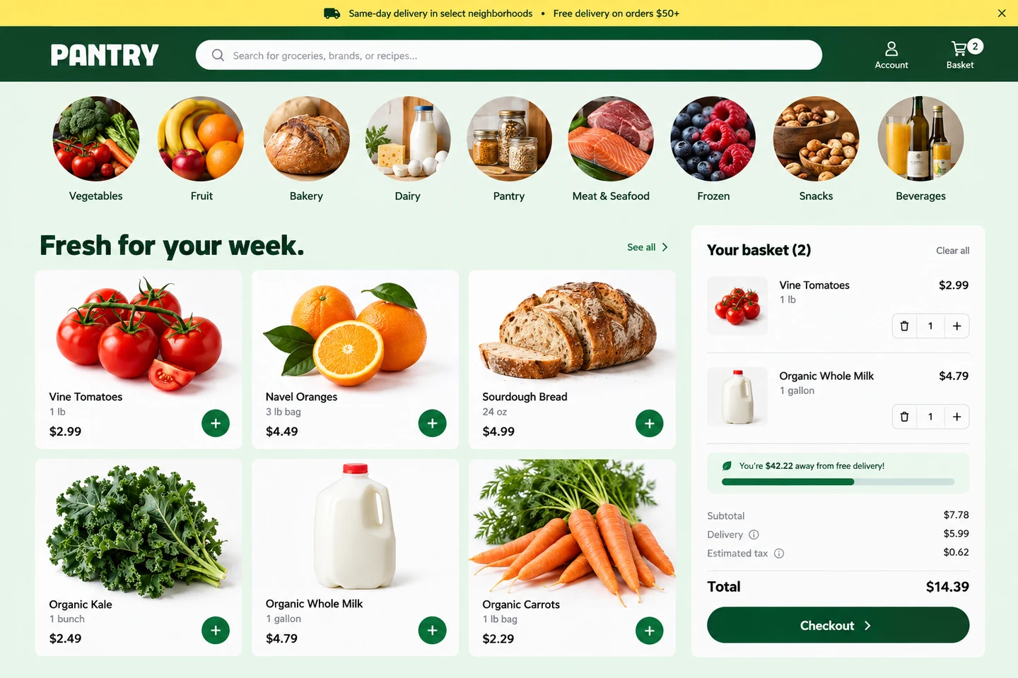 Grocery shop with circular food categories, a green product grid, and an integrated basket panel.