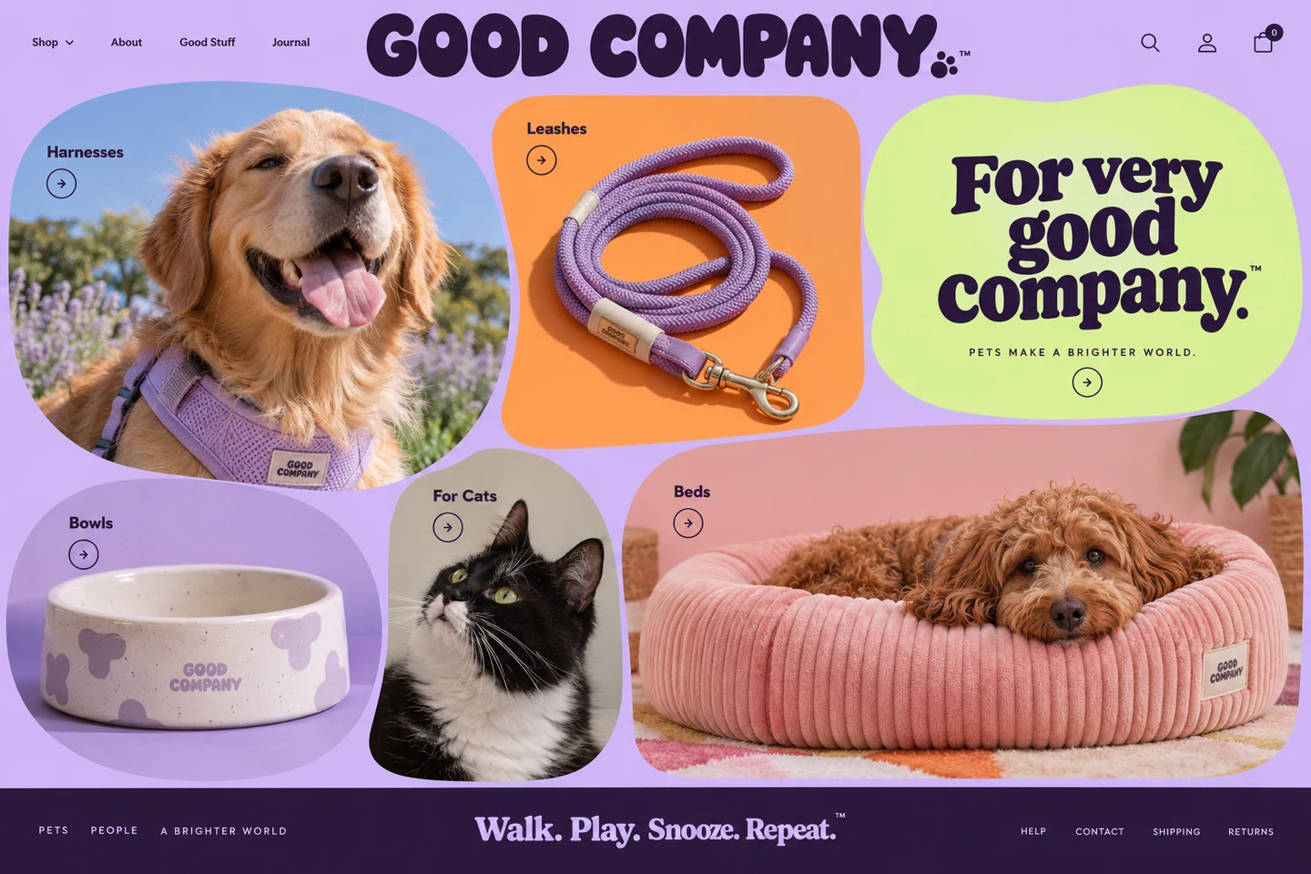 Playful pet shop with a lavender collage of curved category panels, animal photography, and colorful products.